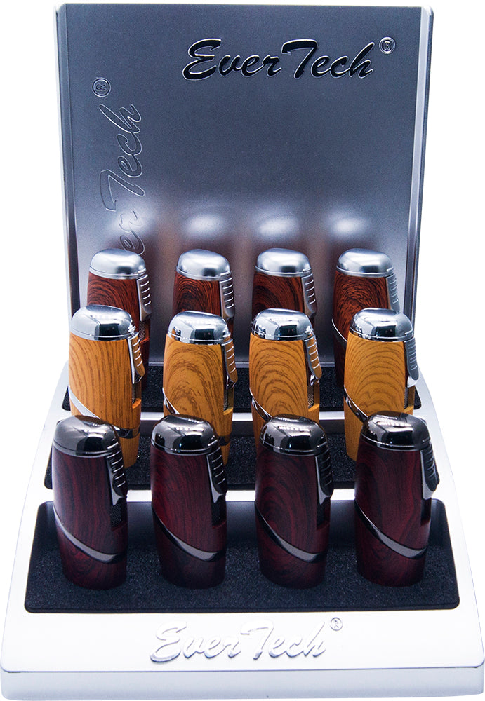 Wooden Finish Triple Jet Torch Lighter Adjustable Flame W/ Cigar Puncher Light