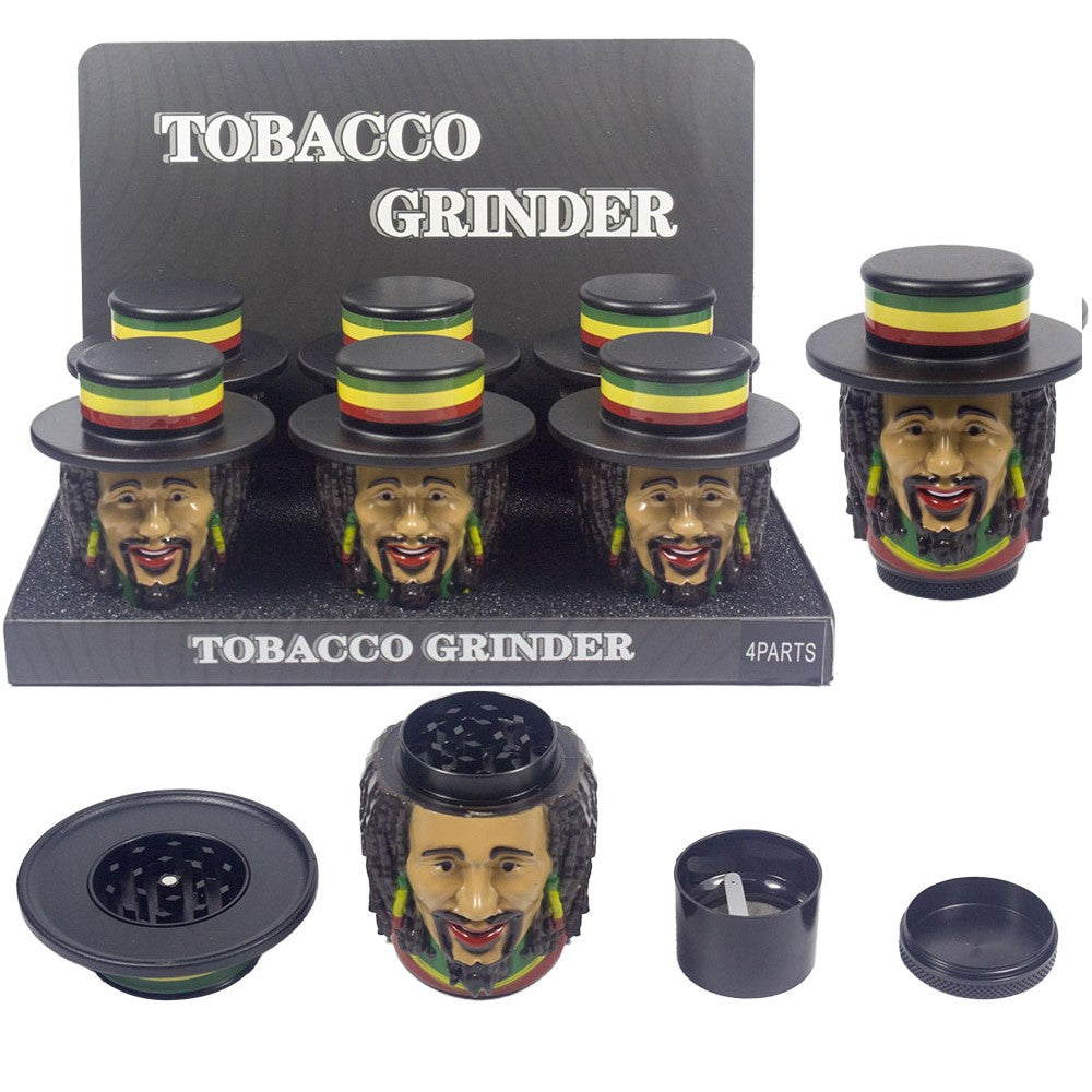 1.5" Tobacco Herb Grinder Spice Herbal 4 PC Smoke Crusher 3D Rasta Man with Hat