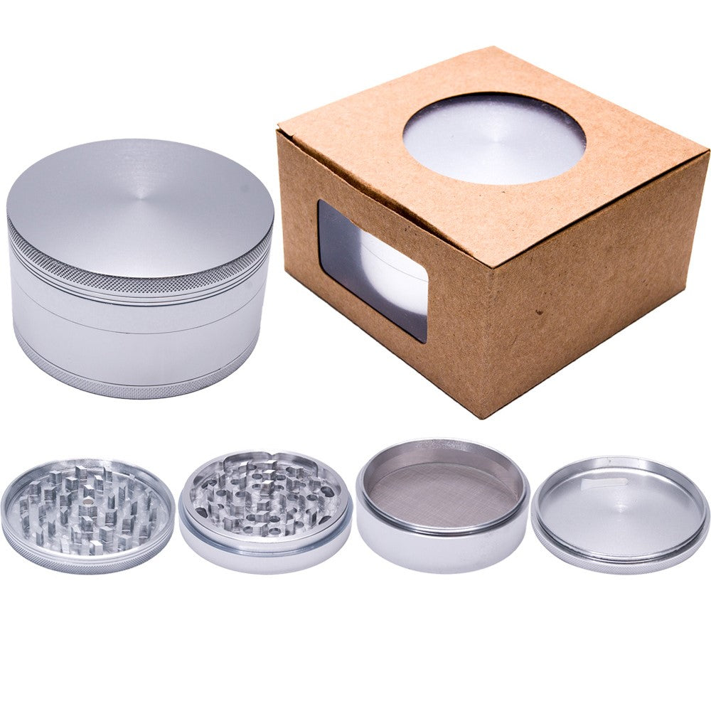 4 Inch Aluminum Huge 4 Piece Grinder Tobacco Herb Spice Crusher Silver Color