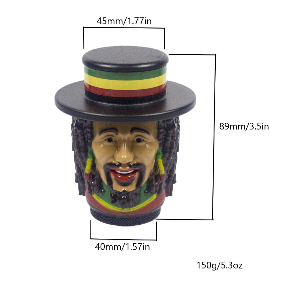 1.5" Tobacco Herb Grinder Spice Herbal 4 PC Smoke Crusher 3D Rasta Man with Hat