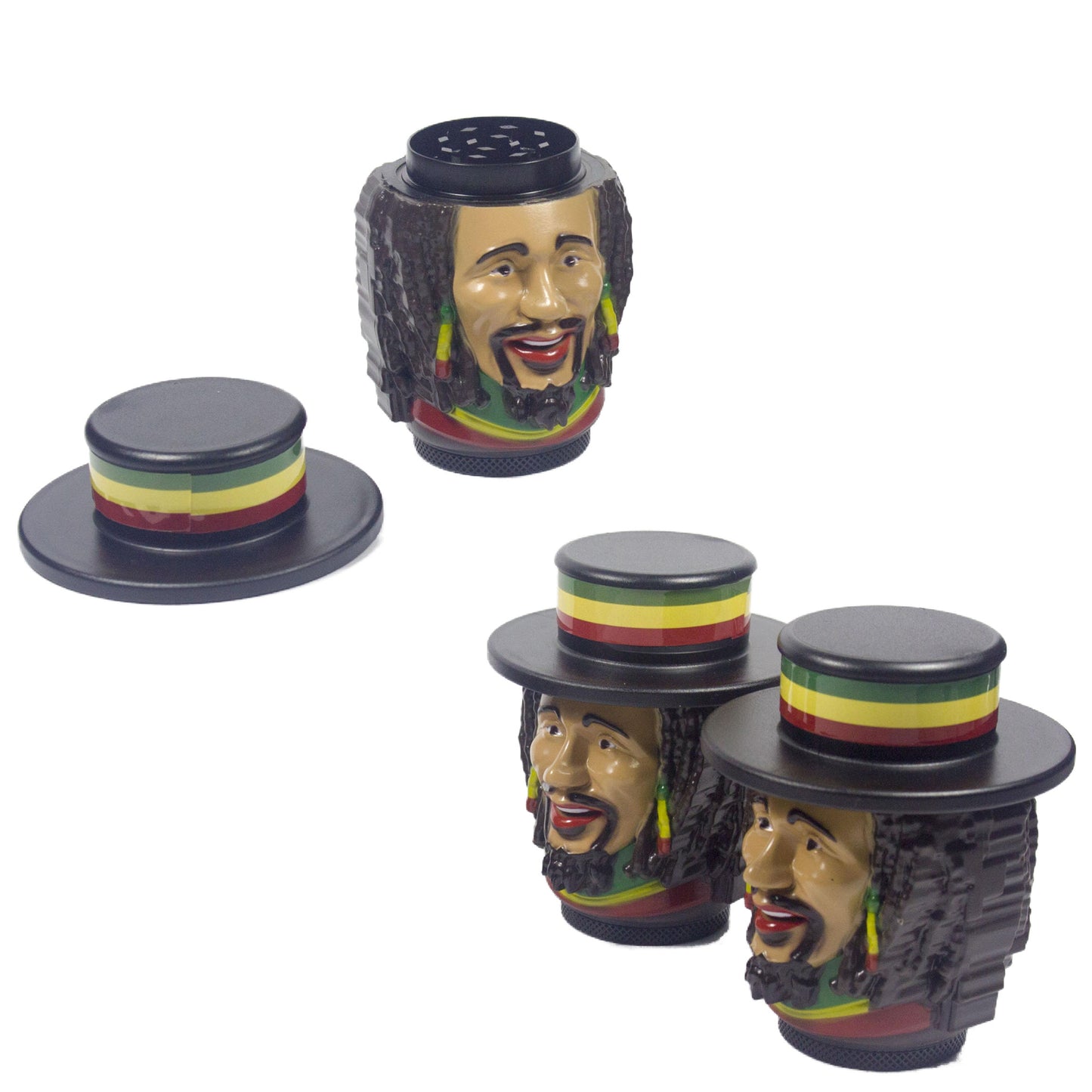 1.5" Tobacco Herb Grinder Spice Herbal 4 PC Smoke Crusher 3D Rasta Man with Hat