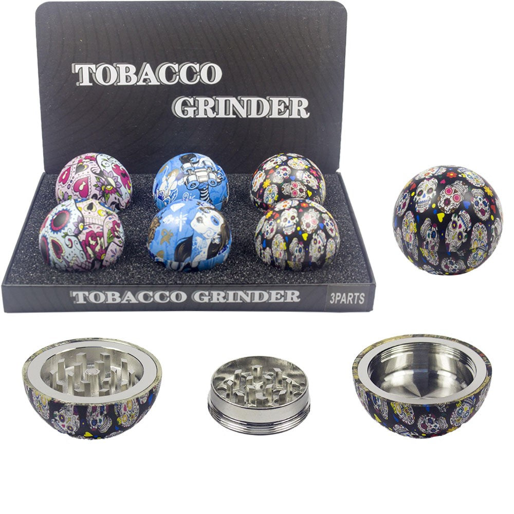 3-Part Metal Tobacco Grinder with Decorative Sugar Skull Design - Portable Herb