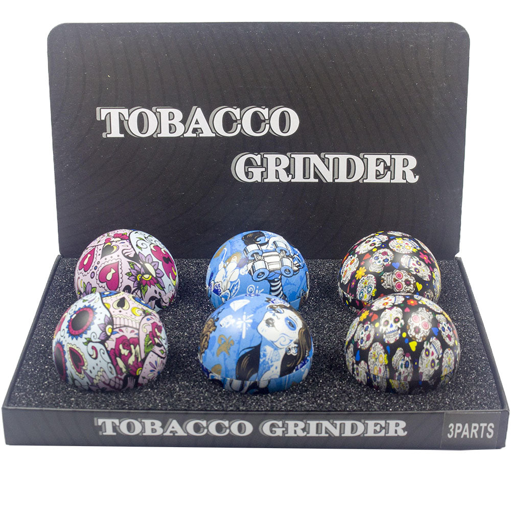 3-Part Metal Tobacco Grinder with Decorative Sugar Skull Design - Portable Herb