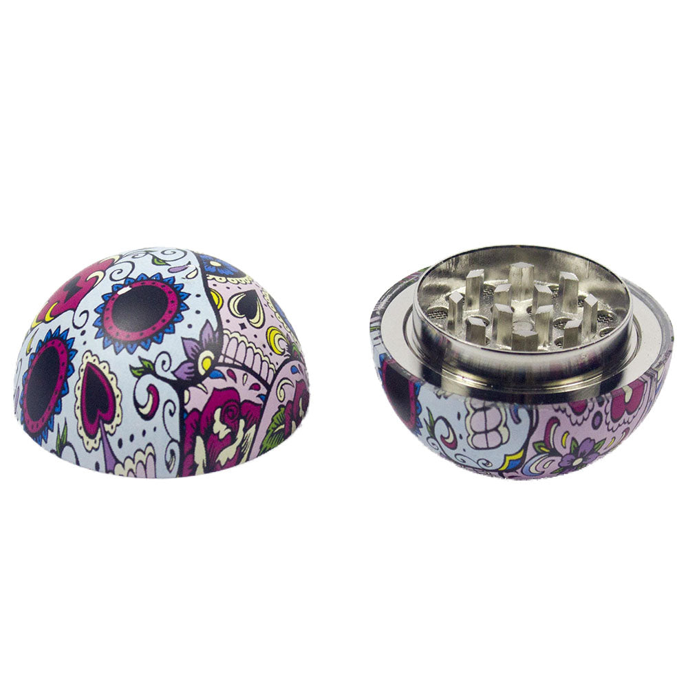 3-Part Metal Tobacco Grinder with Decorative Sugar Skull Design - Portable Herb