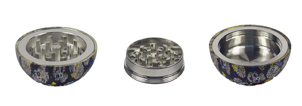 3-Part Metal Tobacco Grinder with Decorative Sugar Skull Design - Portable Herb