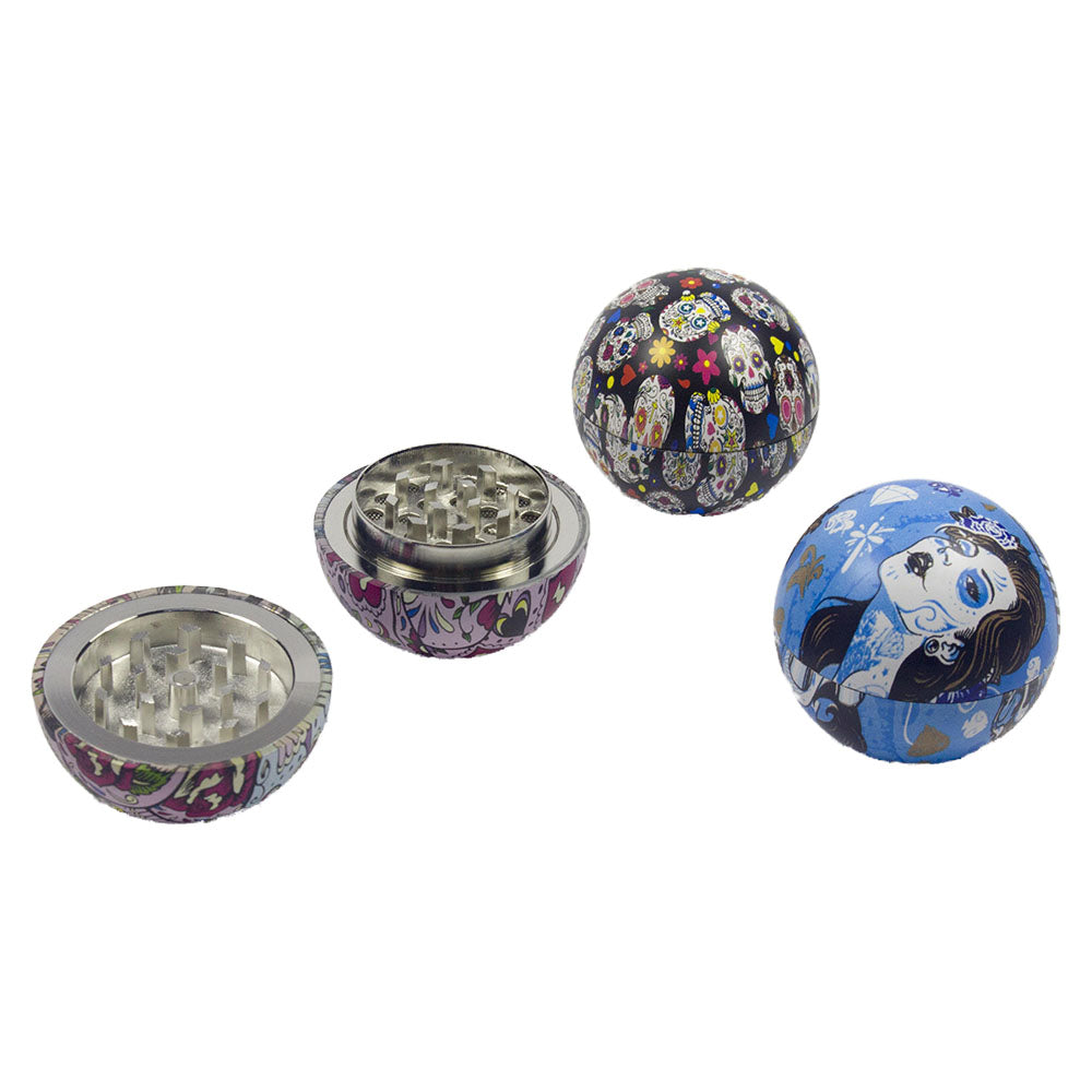 3-Part Metal Tobacco Grinder with Decorative Sugar Skull Design - Portable Herb