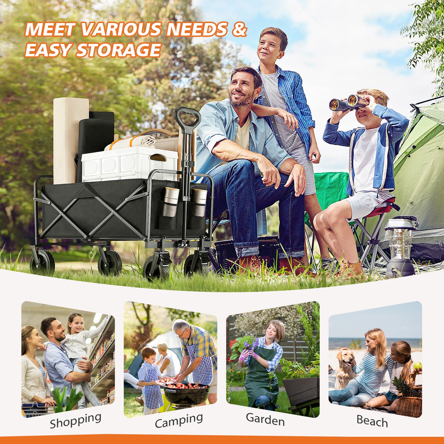 Wagon Folding Cart Collapsible Garden Beach Utility Outdoor Camping Sports Black