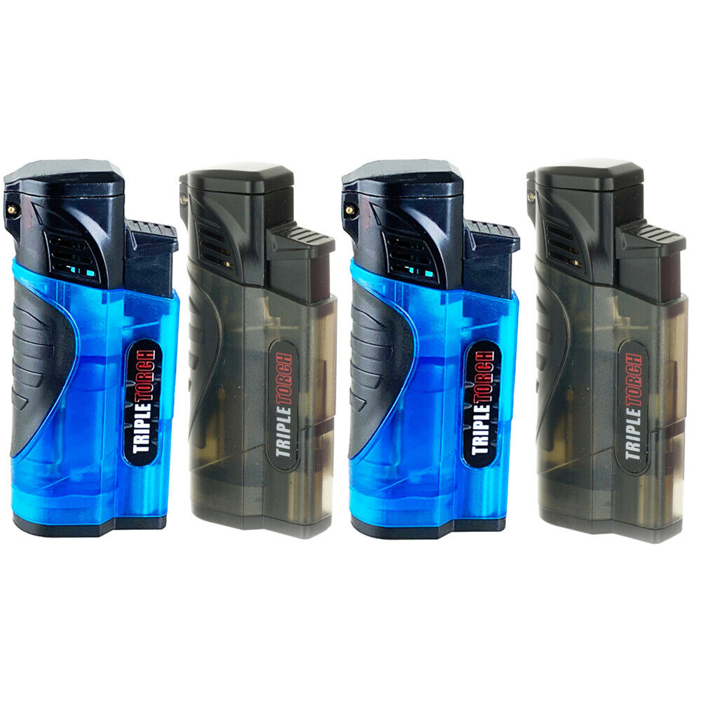 4 PACK Triple Clear Color Torch Lighter Adjustable Flame W/Cigar Puncher GR