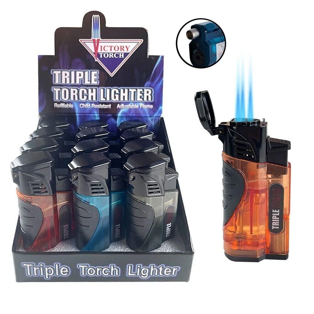 4 PACK Triple Clear Color Torch Lighter Adjustable Flame W/Cigar Puncher PR