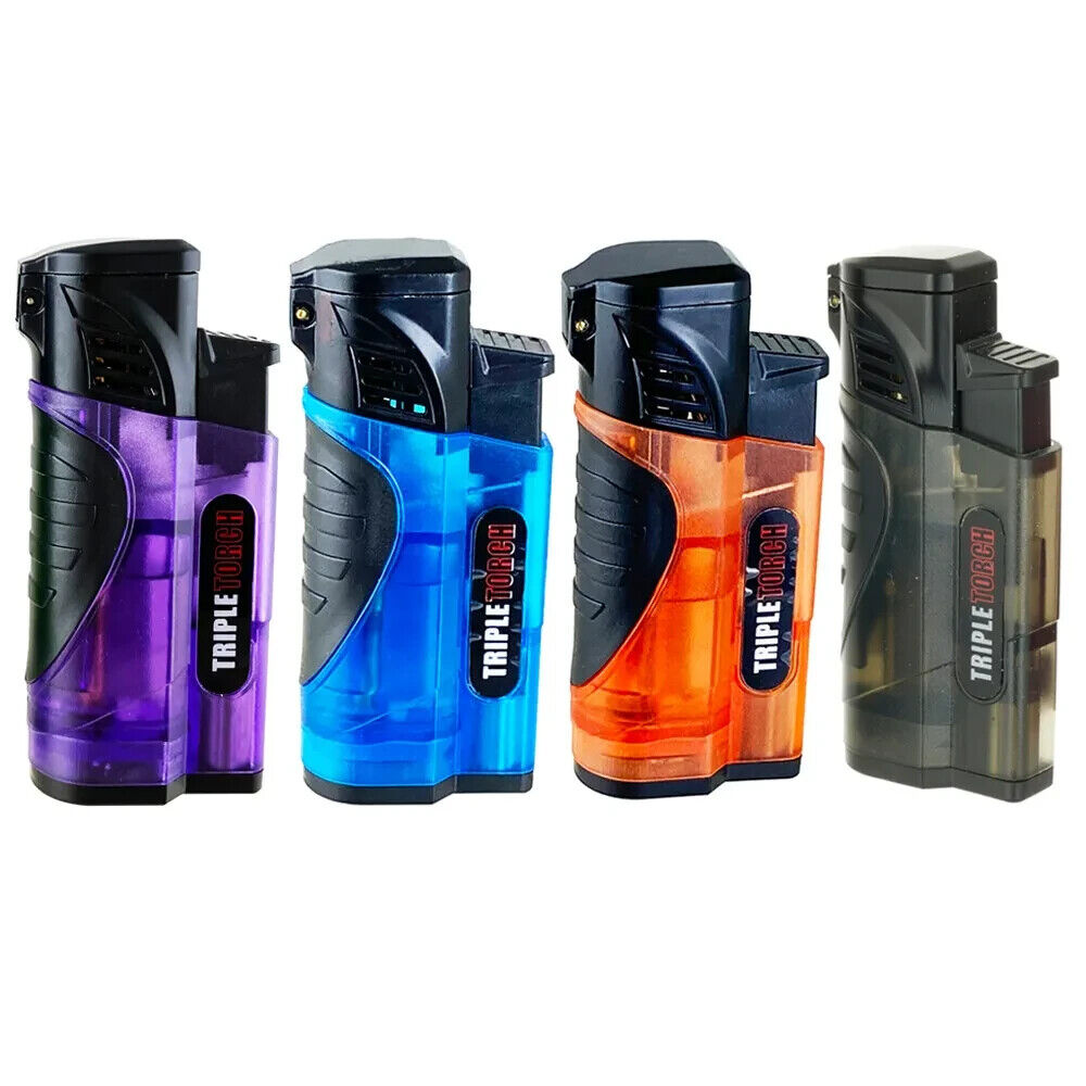 4 PACK Triple Clear Color Torch Lighter Adjustable Flame W/Cigar Puncher PR