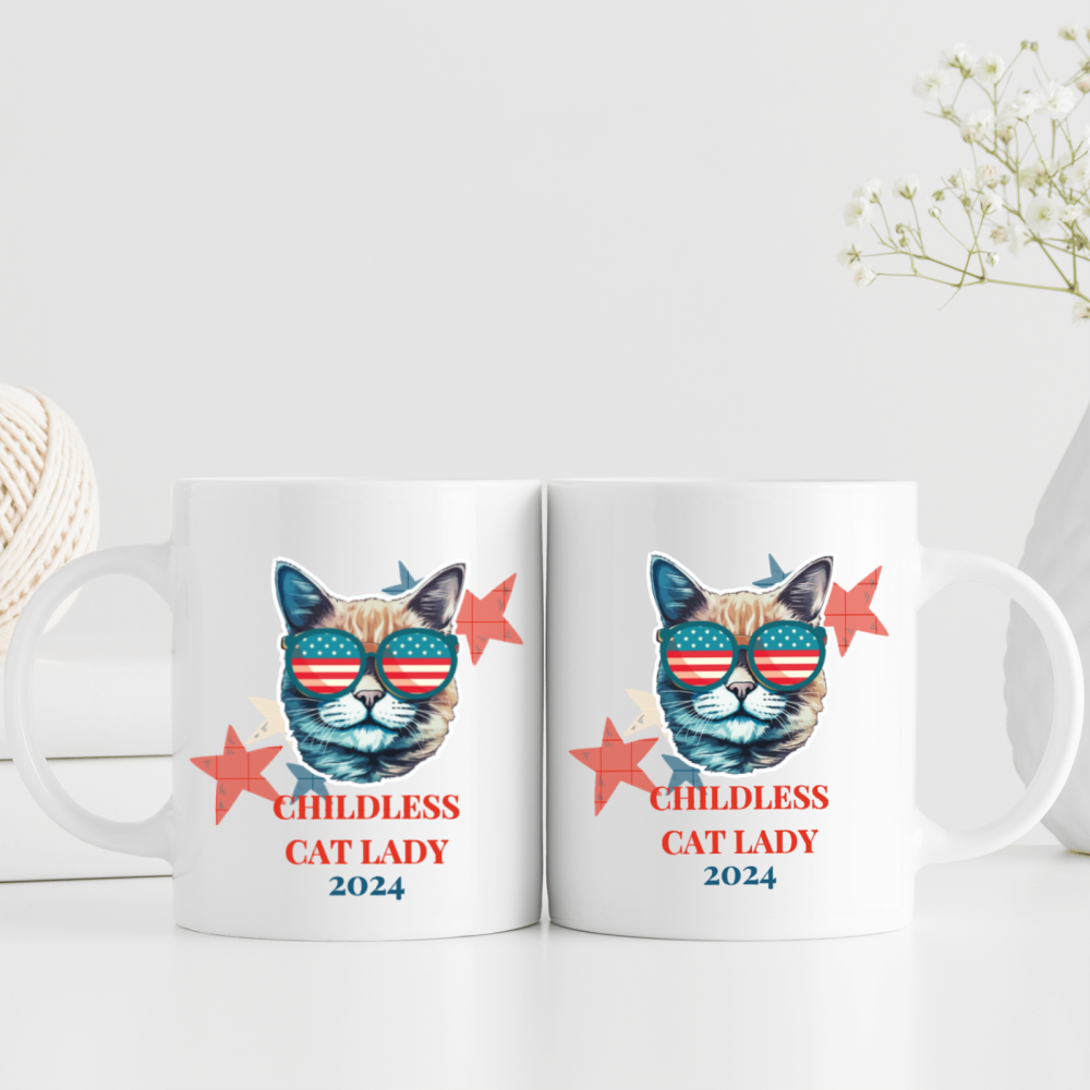 11oz, 3A grade, 330 ml, 2024 vote ，Recyclable Ceramic Multitasking Childless Cat Lady 2024 Cup for Gift Perfect Coffee cup birthday new year