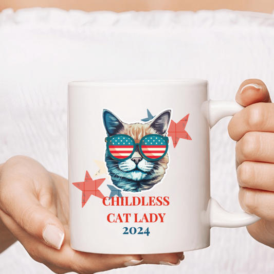 11oz, 3A grade, 330 ml, 2024 vote ，Recyclable Ceramic Multitasking Childless Cat Lady 2024 Cup for Gift Perfect Coffee cup birthday new year