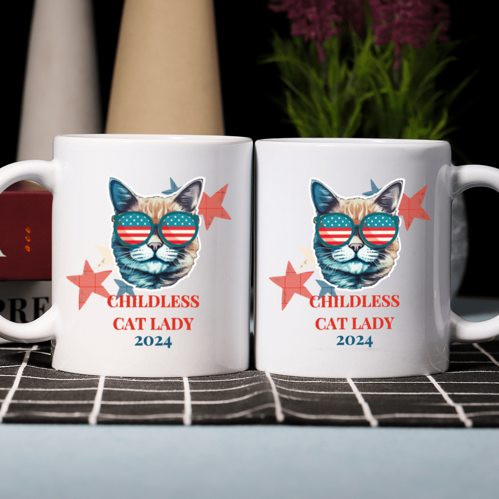 11oz, 3A grade, 330 ml, 2024 vote ，Recyclable Ceramic Multitasking Childless Cat Lady 2024 Cup for Gift Perfect Coffee cup birthday new year