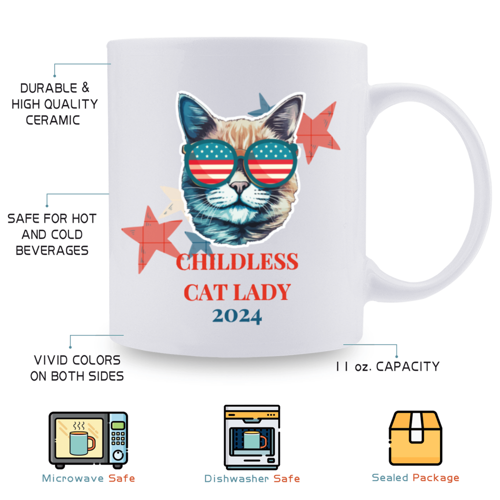 11oz, 3A grade, 330 ml, 2024 vote ，Recyclable Ceramic Multitasking Childless Cat Lady 2024 Cup for Gift Perfect Coffee cup birthday new year