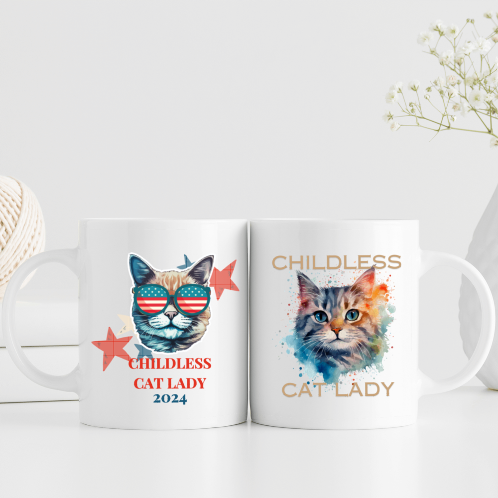 11 oz, 3A grade, 330 ml, 2024 vote ,  Funny Ceramic mug ，Childless Cat Lady 2024 cup with 2 patterns of cats, best Halloween Christmas gift