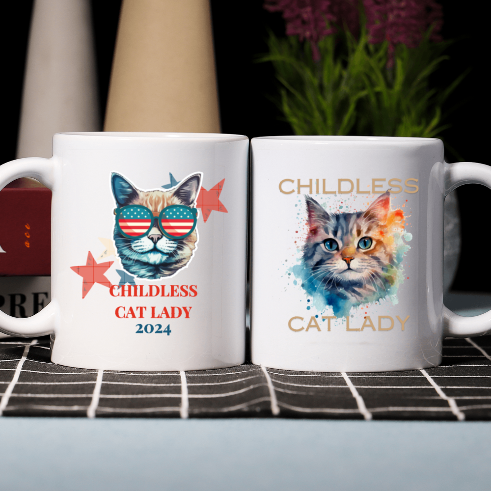 11 oz, 3A grade, 330 ml, 2024 vote ,  Funny Ceramic mug ，Childless Cat Lady 2024 cup with 2 patterns of cats, best Halloween Christmas gift