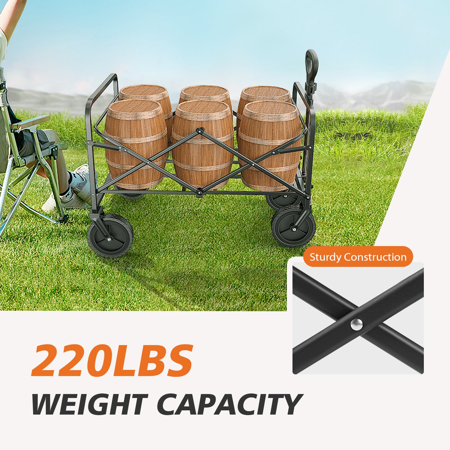 Collapsible Folding Wagon Cart, Camping & Shopping, Heavy Duty Utility Wagon with All-Terrain Wheels, 220lbs (Black)