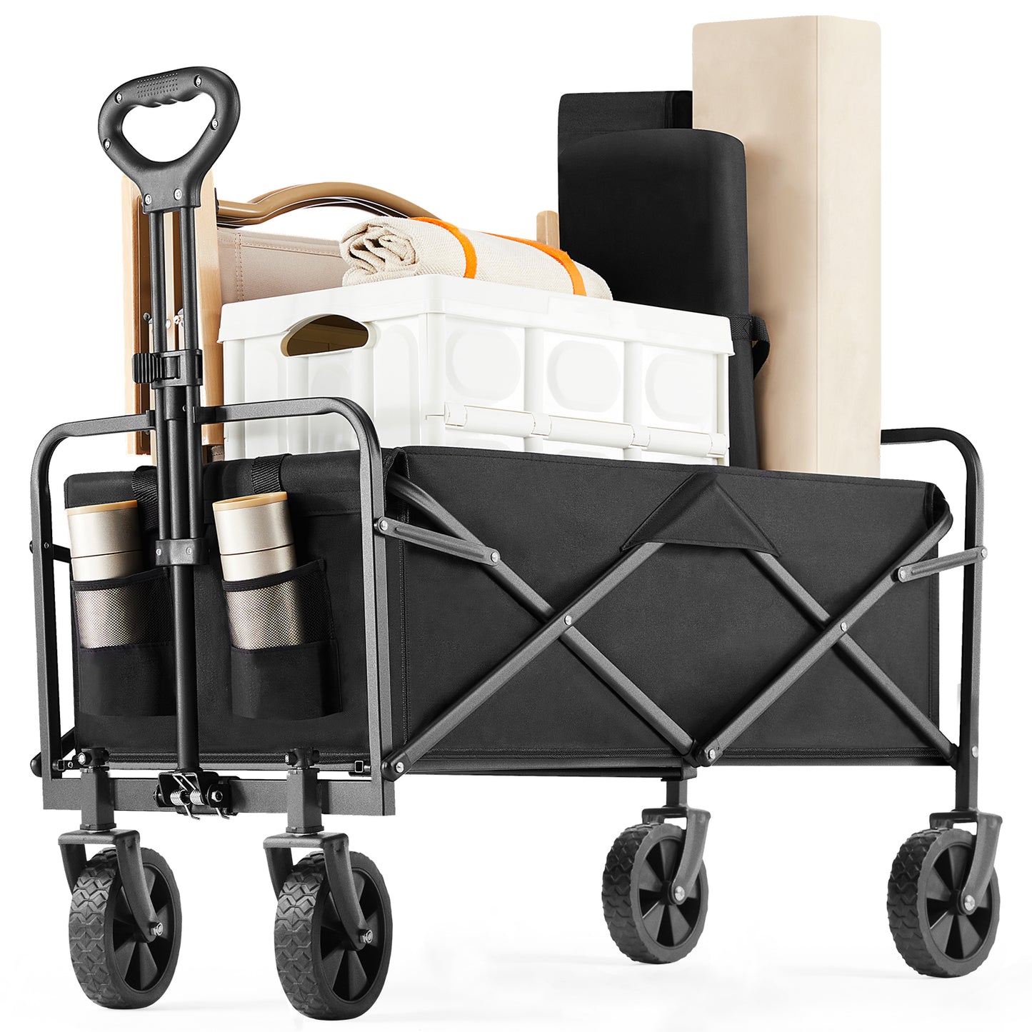 Collapsible Folding Wagon Cart, Camping & Shopping, Heavy Duty Utility Wagon with All-Terrain Wheels, 220lbs (Black)
