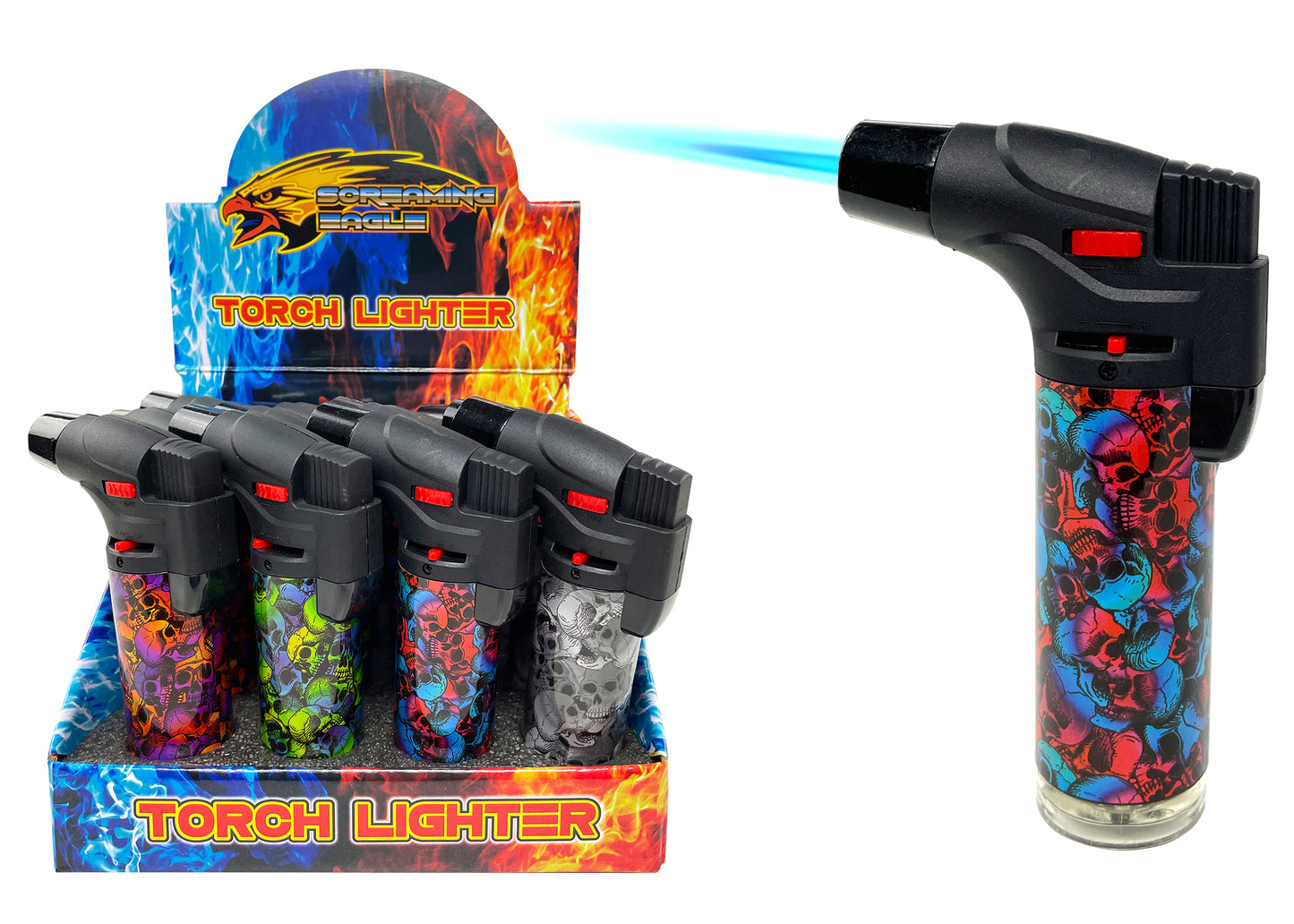 4 Pack Jumbo 4" Single Jet Flame Torch Gun Lighter Refillable Lockable Skull