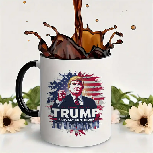 11 oz, 1pc, 3A grade, TRUMP A LEGACY CONTINUES, Trump Mug, Funny Mug, 11oz Ceramic Coffee Mug, Room Decor, Novelty Gift, Summer and Winter Drinking Mug, Holiday Gift, Office Mug