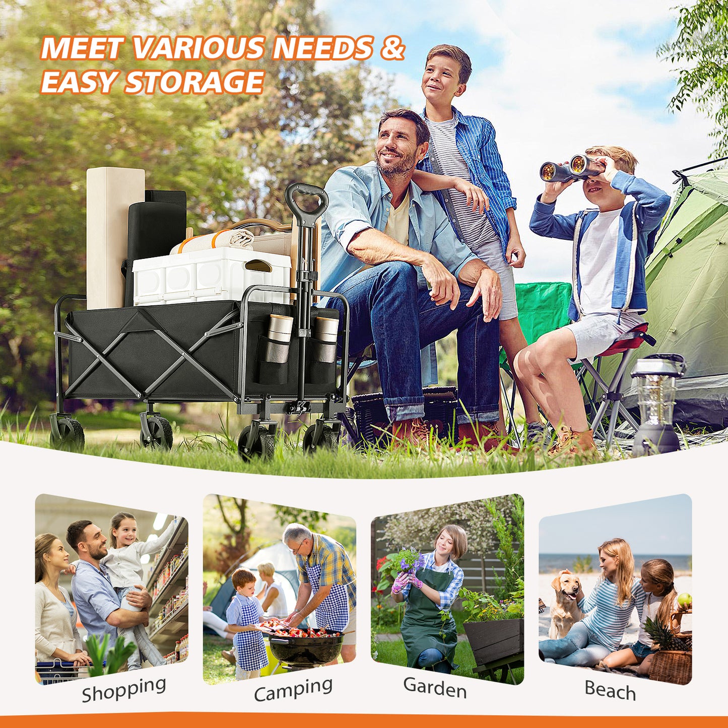 Collapsible Folding Wagon Cart, Camping & Shopping, Heavy Duty Utility Wagon with All-Terrain Wheels, 220lbs (Black)