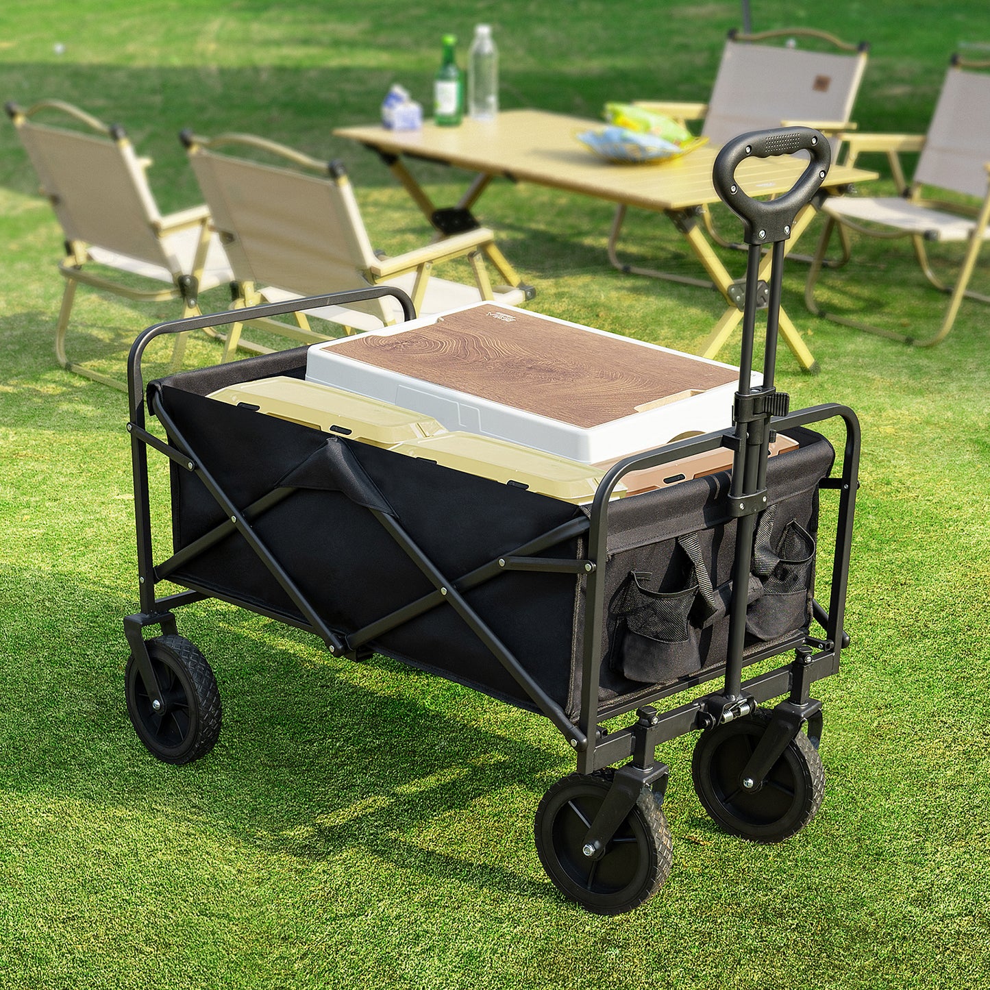 Collapsible Folding Wagon Cart, Camping & Shopping, Heavy Duty Utility Wagon with All-Terrain Wheels, 220lbs (Black)