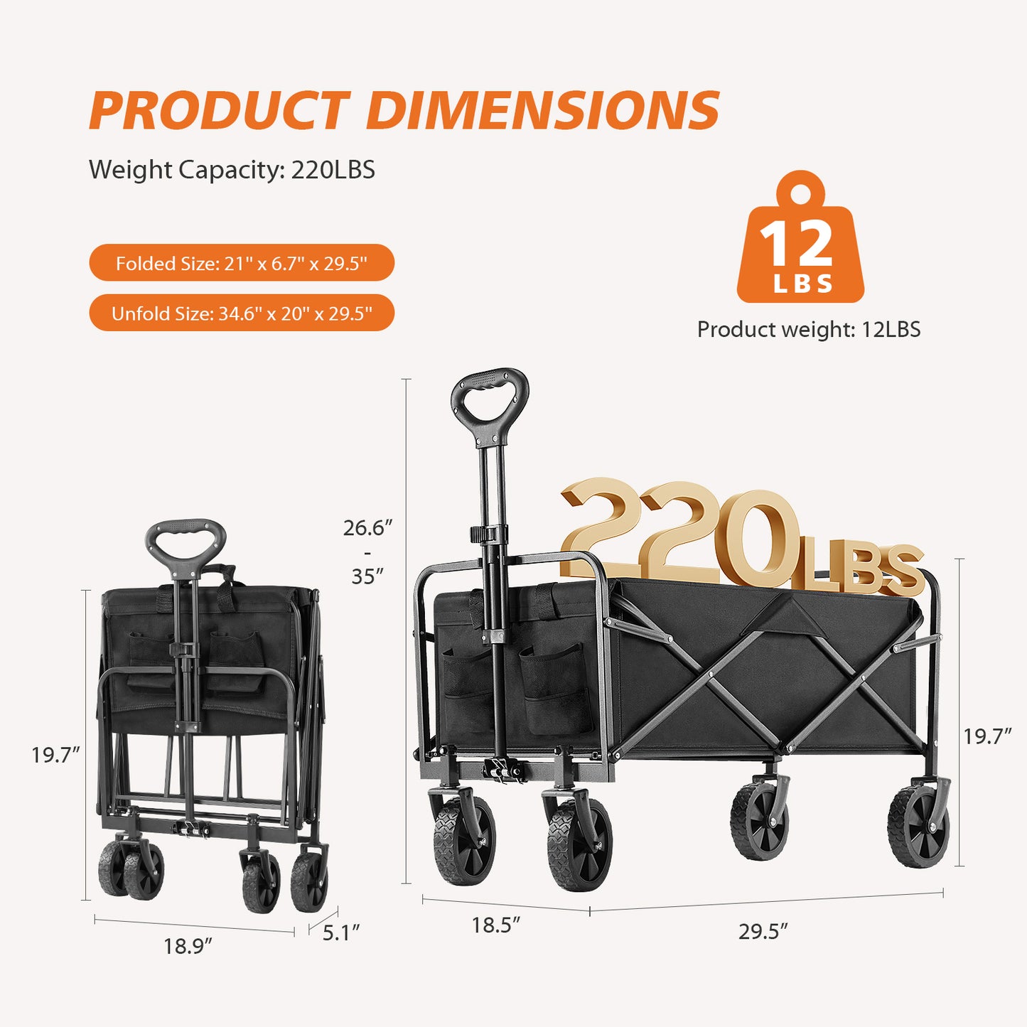 Collapsible Folding Wagon Cart, Camping & Shopping, Heavy Duty Utility Wagon with All-Terrain Wheels, 220lbs (Black)
