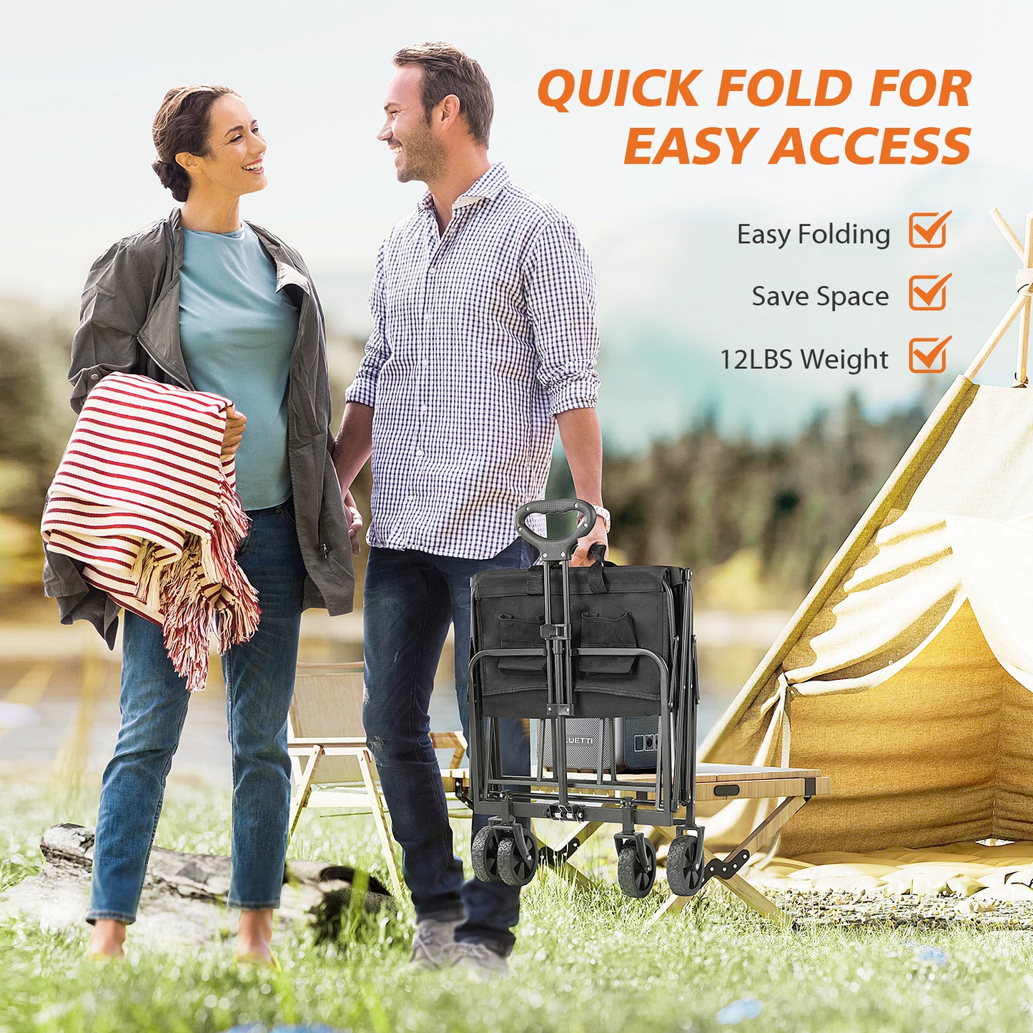 Collapsible Folding Wagon Cart, Camping & Shopping, Heavy Duty Utility Wagon with All-Terrain Wheels, 220lbs (Black)